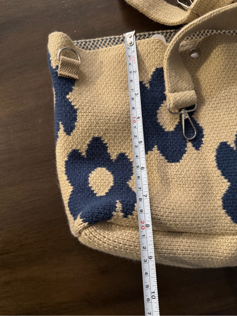 Canvas Floral Knit Shoulder Bag - Tan and Navy